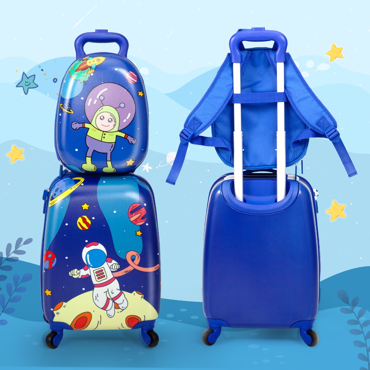 Jaxpety 2 Pcs Kid Luggage Set, Kids Carry-On Suitcase with Spinner Wheels, Gift for Children, Blue ( Astronaut )