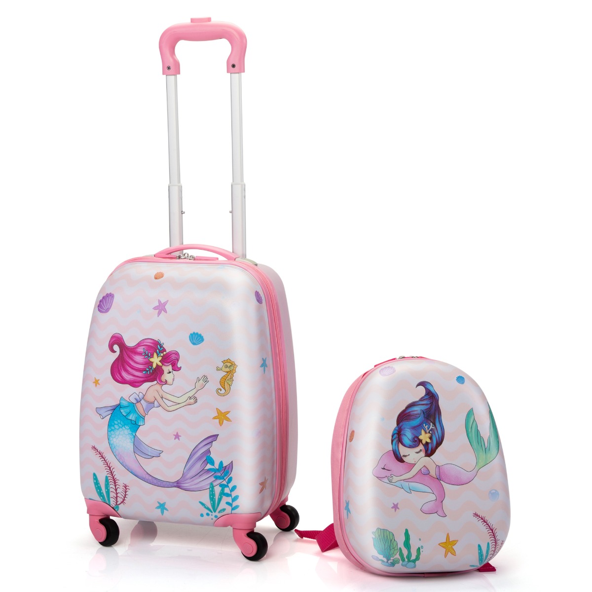 Kid Luggage w/Wheels for Girls, Toddler Rolling 16in Suitcase w/12in  Backpack, Girl Travel Carry-on, Mermaid