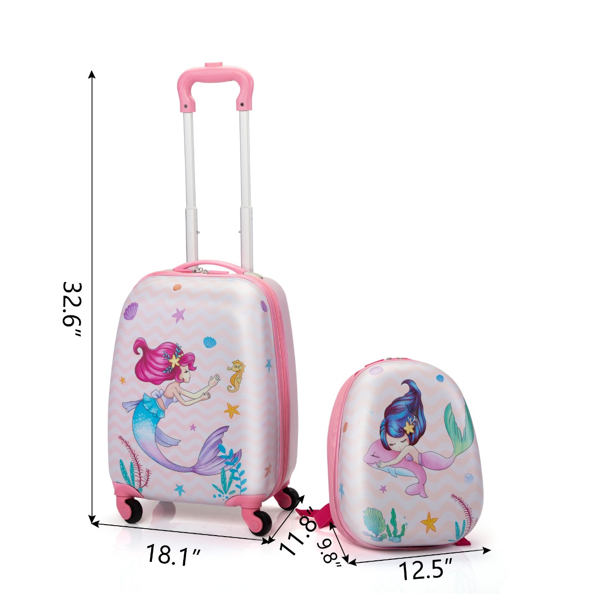 Kid Luggage w/Wheels for Girls, Toddler Rolling 16in Suitcase w/12in  Backpack, Girl Travel Carry-on, Mermaid