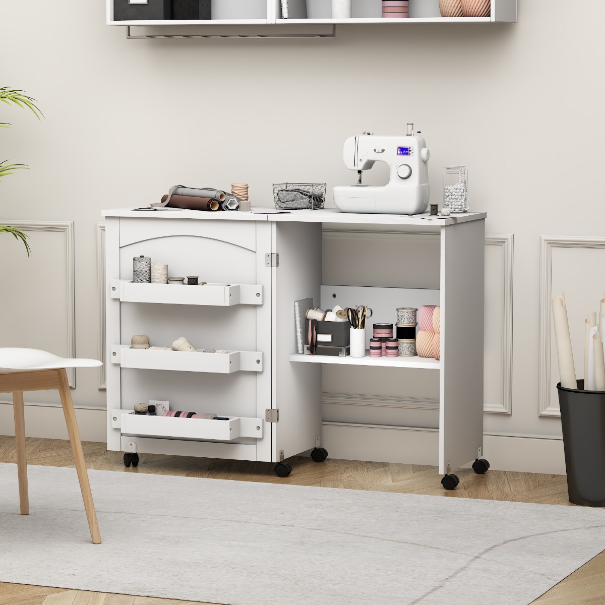 Moving White Foldable Sewing Table W/Cabinet