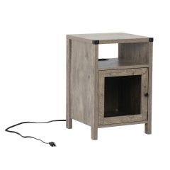 Farmhouse Wood Nightstand Bed Sofa Side Table with Metal Mesh Door& Charging Station