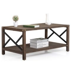 Metal R Coffee Table, Farmhouse Tea Table with 2-Tier Shelf Storage