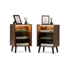 JAXPETY Set of 2 Modern LED Nightstand, Wood Bedside Table with Glass Shelf and Lights, 3-Tier End Table for Bedroom Living Room Office, (2-Pack, Reddish Brown)