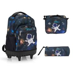 Jaxpety Rolling Backpack Set for Boys, Wheeled Kid Backpack w/Lunch Bag & Pencil Case, 20 Inch (Astronaut)