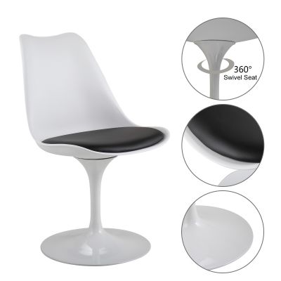 Padded Swivel Tulip Dining Chair in White + Black