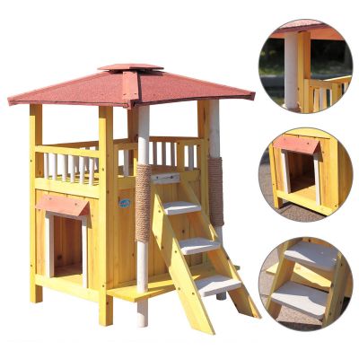 2-Story Roofed Cat House W/Stairs, Scratching Post, Balcony