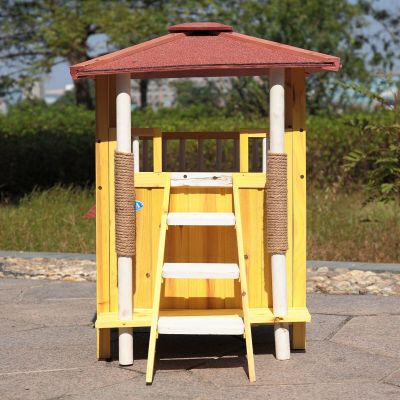 2-Story Roofed Cat House W/Stairs, Scratching Post, Balcony