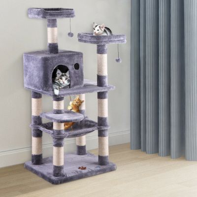 Gray Cat Tree Scratcher Furniture W/Basket