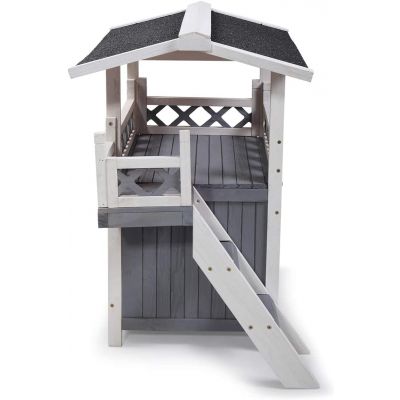 Dog House 2-story Wooden Shelter W/Roof, Stairs, Balcony