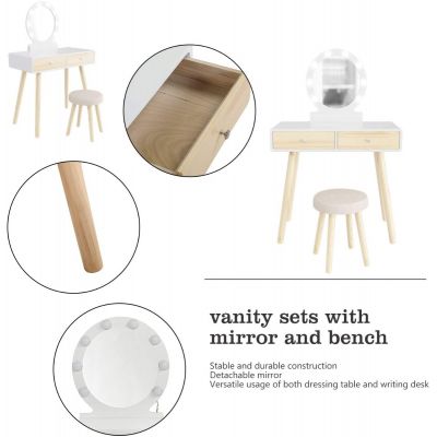 Wood White Vanity Set W/8 Bulb Lighted Mirror