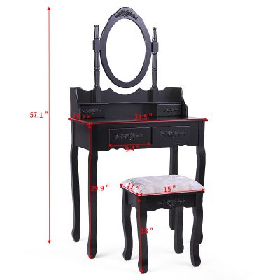 Black Mirrored Makeup Table set W/Stool, Drawer, Storage Box