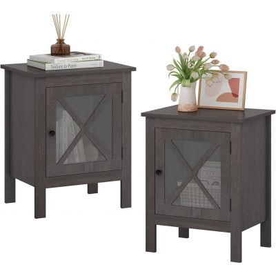 Rustic Wooden Nightstand Side Table with X-Design Glass Door for Bedroom Set of 2