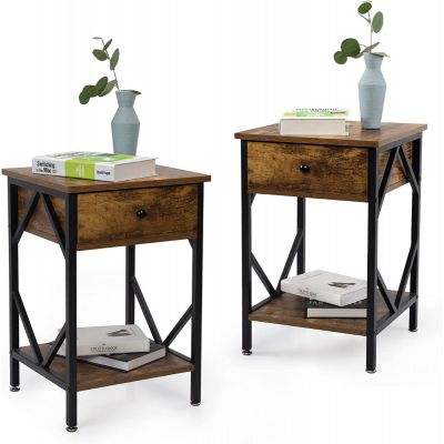 Set of 2 Industrial Wood Nightstand Accent End Table with Diamond-Shape Metal Frame
