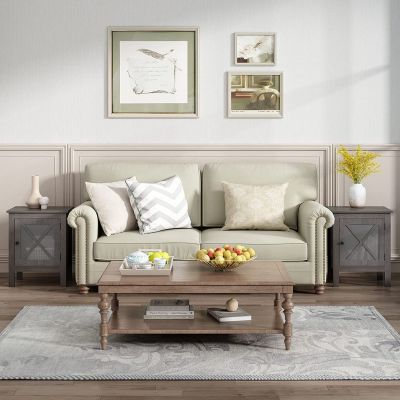 Rustic Wooden Nightstand Side Table with X-Design Glass Door for Bedroom Set of 2