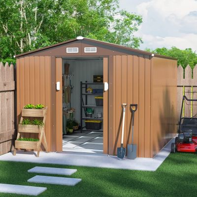 9.1' x 10.5' Garden Tool Metal Outdoor Storage Utility Building Shed with Sliding Door, 4 Vents, Coffee