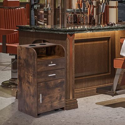 Barber Stations Storage Cabinet with Drawer & Wheels,Hair Stylist Station with 2 Hair Dryer Holders (Rustic Brown)