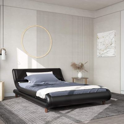 Full-Size Black Leather Bed Frame & Curved Headboard