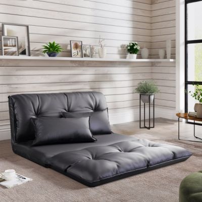 Black Leather Folding Floor Couch Bed Minimalist Waterproof Floor Bed