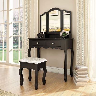Black 3Way Mirrored Vanity Set W/Swan-Like Foot
