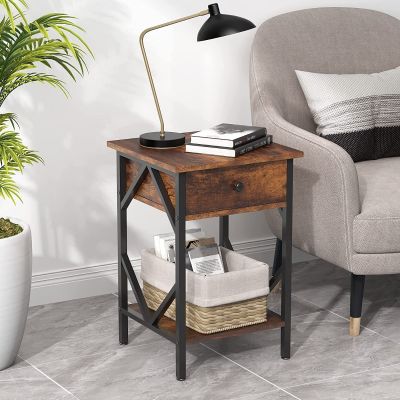 Set of 2 Industrial Wood Nightstand Accent End Table with Diamond-Shape Metal Frame