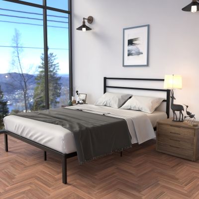 39”High Metal + Wood Full Bed Frame W/ Headboard