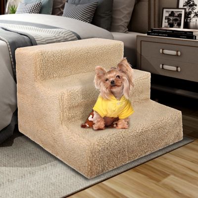 Plastic 3-Step Dog Stairs for Bed W/Plush Cover