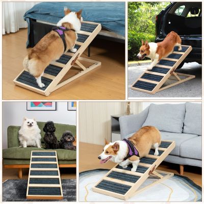 39″L Adjustable Wooden Dog Ramp With Detachable Carpet, Natural