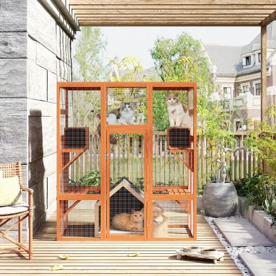70"H Extra Large Wood Cat Enclosure| Walk-In Cat Playpen With Jumping Platforms, Orange
