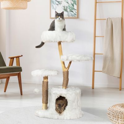 42″H Wood Cat Tree Climber Shelves, Natural Branch Cat Tower With Condo, White