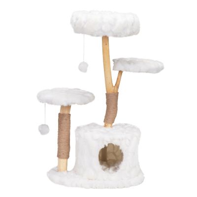 42″H Wood Cat Tree Climber Shelves, Natural Branch Cat Tower With Condo, White
