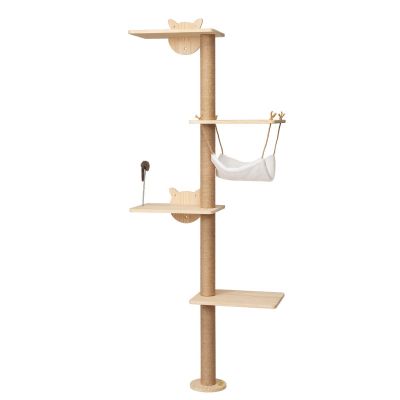 69″H 4-Tier Wooden Wall Mounted Cat Tree Climber With Toy Mouse, Burlywood