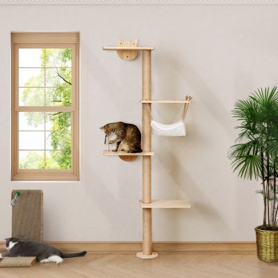 69″H 4-Tier Wooden Wall Mounted Cat Tree Climber With Toy Mouse, Burlywood