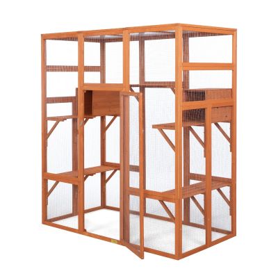 70"H Extra Large Wood Cat Enclosure| Walk-In Cat Playpen With Jumping Platforms, Orange