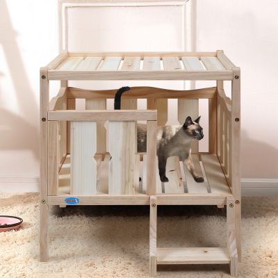 Hooded Raised Wooden Dog Bunk Bed Frame with Stair