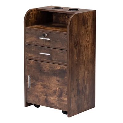Barber Stations Storage Cabinet with Drawer & Wheels,Hair Stylist Station with 2 Hair Dryer Holders (Rustic Brown)