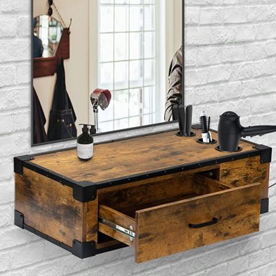 Wall Mount Styling Barber Station with Charge Station,Salon Stations with Locked Storage Drawer for Hair Stylist,Rustic Brown