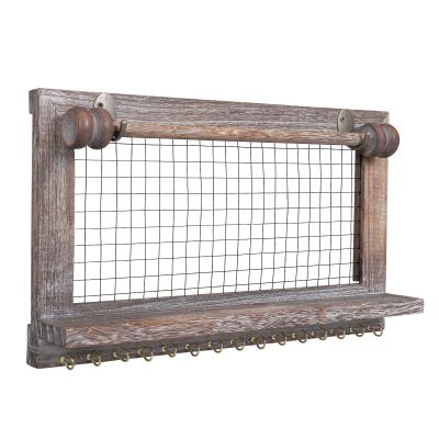 Wood Jewelry Necklace Wall Organizer W/Hooks, Shelf