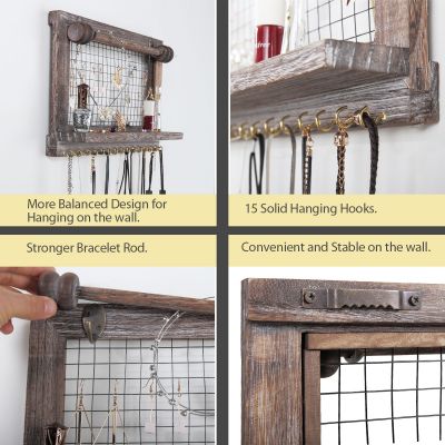Wood Jewelry Necklace Wall Organizer W/Hooks, Shelf
