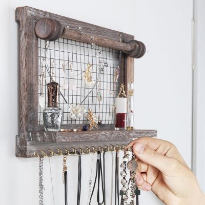 Wood Jewelry Necklace Wall Organizer W/Hooks, Shelf
