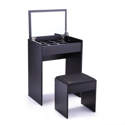 Black Mirrored Makeup Vanity Table Flip-Top Storage