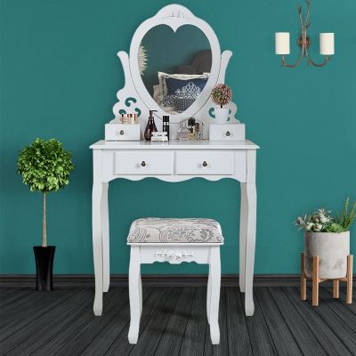 Modern Heart-Shape Mirrored Vanity Table Set with 4 Drawers