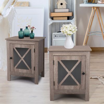 Rustic Wooden Nightstand Set of 2 Sofa Table with X-Design Glass Door for Bedroom
