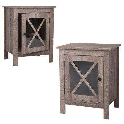 Rustic Wooden Nightstand Set of 2 Sofa Table with X-Design Glass Door for Bedroom