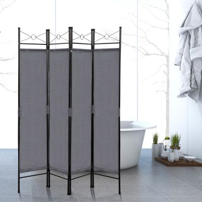 Gray 4-Panel Room Divider Steel Frame Folding Privacy Screen 