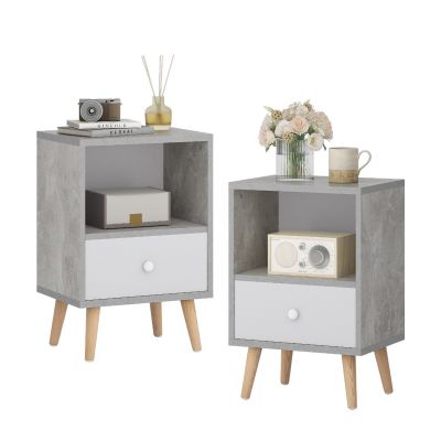 Nightstand Set of 2, End Tables with Compartment and Drawer for Bedroom, Living Room, Cement Grey
