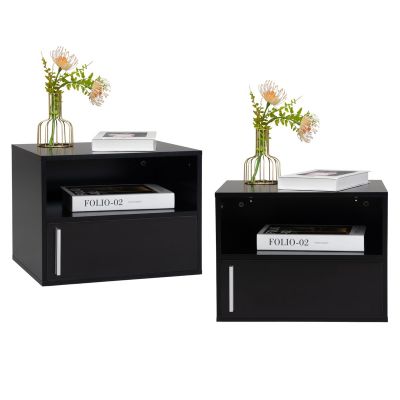 Set of 2 Wall Mounted Nightstand, Wood Floating Bedside Table, End Table Cabinet, Black