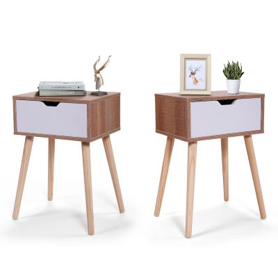  Modern End Side Table W/White Drawer & Solid Wood Legs set of 2