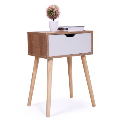  Modern End Side Table W/White Drawer & Solid Wood Legs set of 2