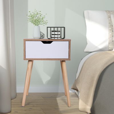 4 Wood Legs Mid-Century Side Table W/1 Drawer
