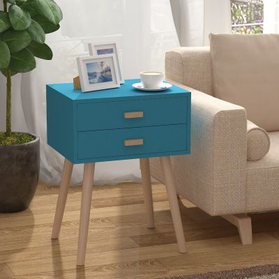 Mid-Century Modern Nightstand Set of 2 Wood Bedside End Table w/ 2 Drawers 